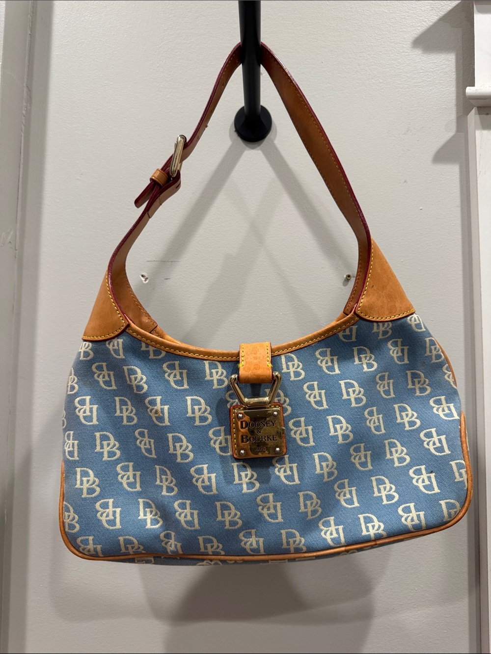 Dooney & Bourke Blue Logo Canvas Shoulder Bag with Tan Trim and Gold Hardware